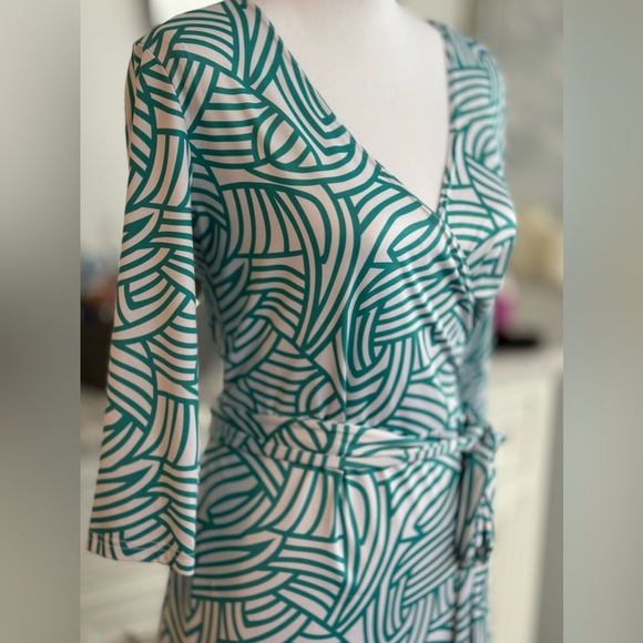 Women Faux Wrap A Line Dress (Dark Cyan and White Large), Large - Picture 8 of 16